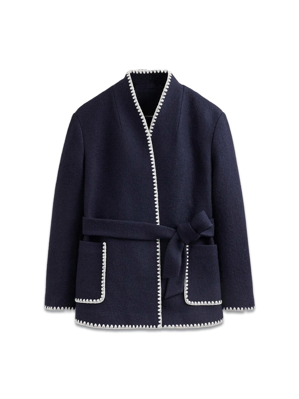 Boden Navy Belted Trench Coat with White Trim